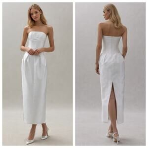 Mare Mare Anthropologie Strapless White Corset Midi Dress Modern Bridal Slit XL